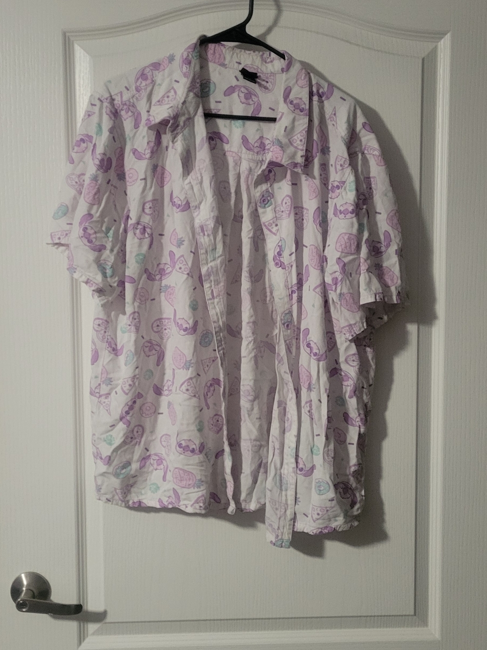 Disney Stitch White Short-Sleeve Button-Up Top with Lavender Print